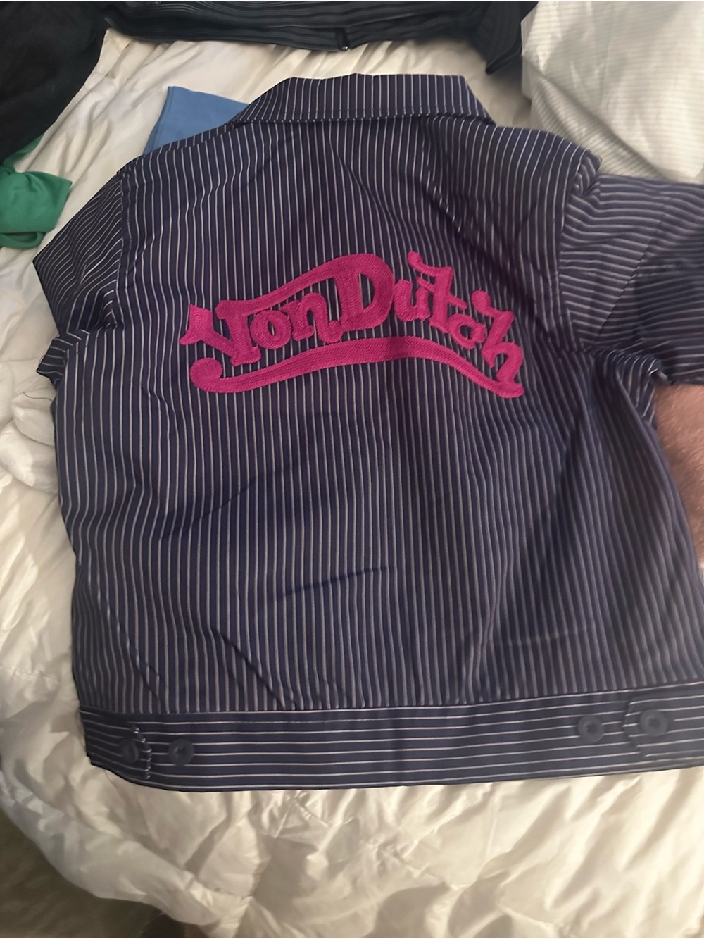 Von Dutch Navy Pinstripe Button-Down Shirt with Pink Embroidered Logo